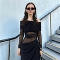 thumbnail image 6 of Women'S Mesh Off Shoulder Dress Elegant Sheer See Through Long Sleeve Ruched Bodycon Maxi Dresses Black XL, 6 of 9