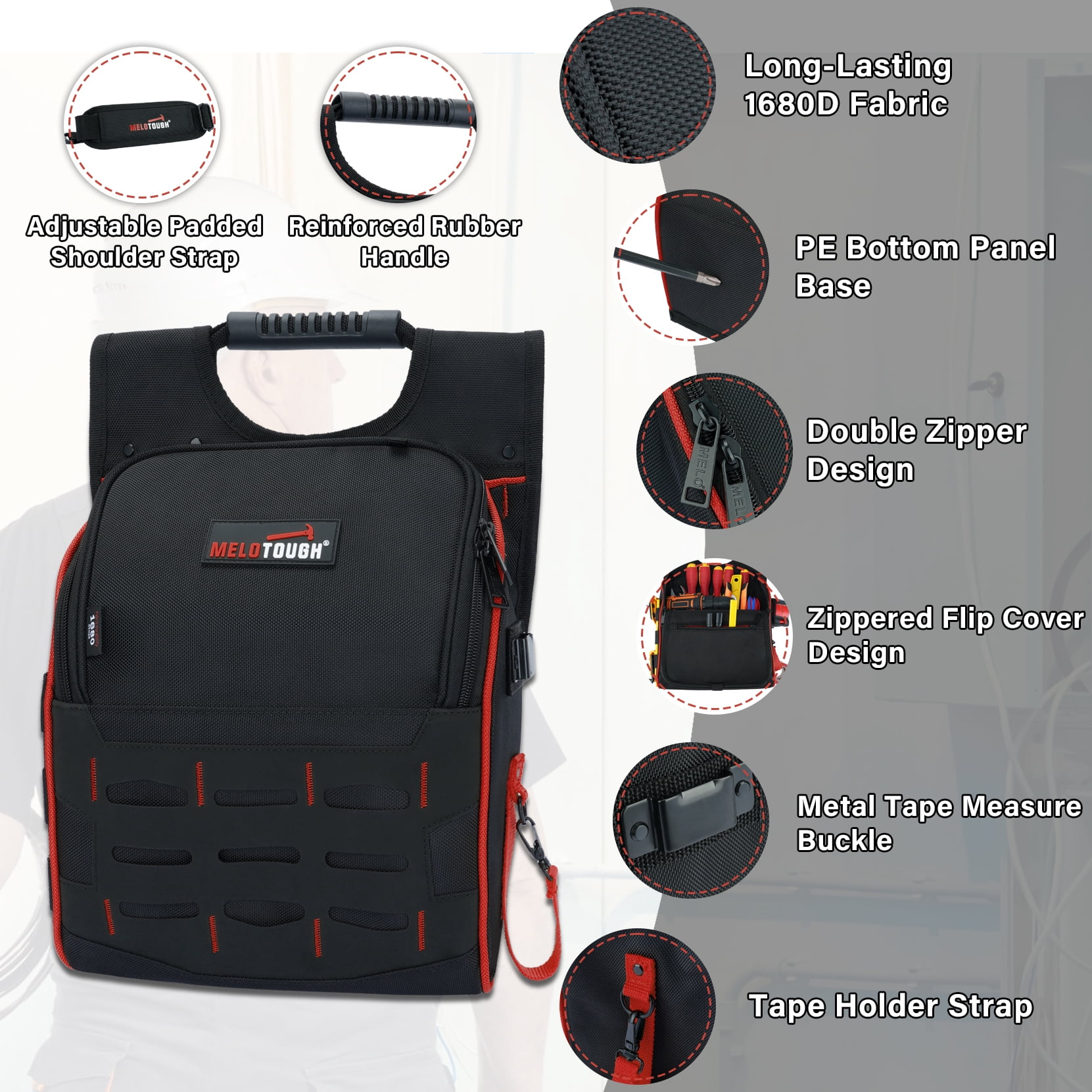 MELOTOUGH Electrician Tool Pouch with Shoulder Strap, Zippered Flip Cover Tool Pouch Bag with Multiple Storage Pockets for Electricians, Technicians, Maintenance