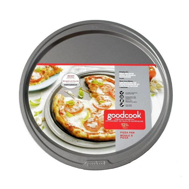 GoodCook 12-inch gray nonstick steel pizza pan with label featuring a cooked cheese and tomato pizza.