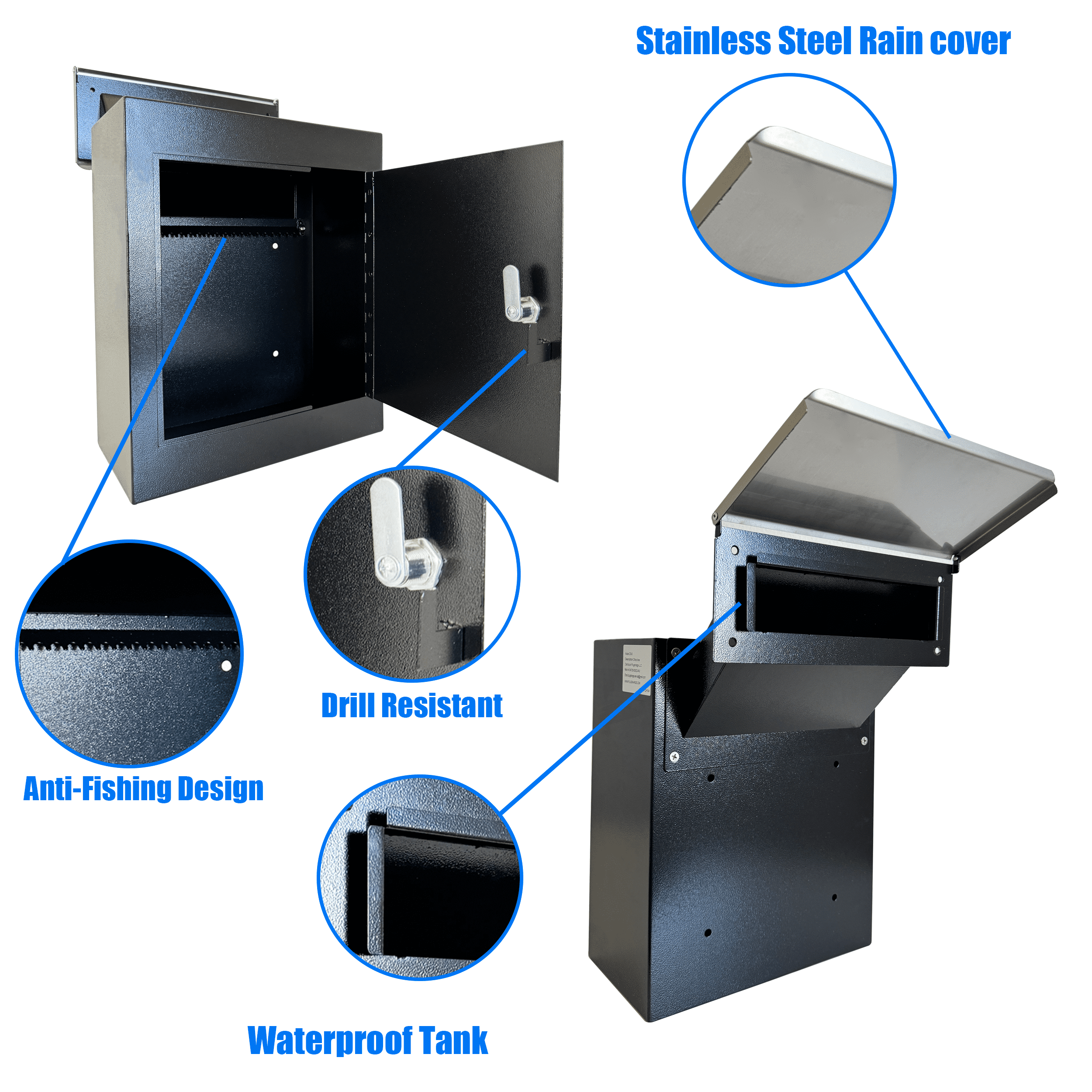 Plugsharge Through-The-Wall Drop Box with Rainproof Cover | Heavy Duty Through Wall Mailbox with 10-Inch Adjustable Chute | Rainproof Locking Drop Safe for Mail, Rent, Checks, Cash, and Keys, Black