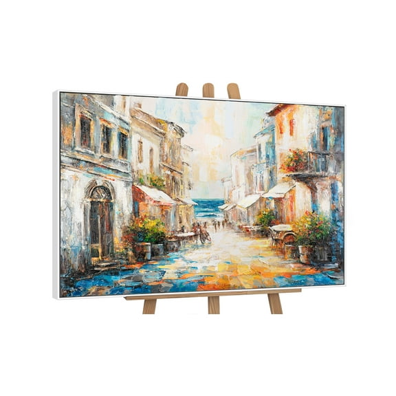 YS-Art Hand-Painted Coastal Landscape Canvas Wall Art with White Frame, Large Acrylic Street Scene Painting, Textured Artwork for Home or Office, 40x56 in