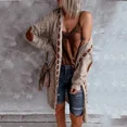 thumbnail image 4 of Suéter de punto largo con capucha de gran tamaño para mujer, jersey de punto a cuadros, abrigo marrón informal, chaqueta de jersey para mujer, 4 of 5