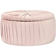PINPLUS 22" Round Storage Ottoman, Velvet Cushion Padded Seat, Footrest Stool for Living Room Bedroom, Pleated Flannelette Toy Chest with Tray Lid, Pink