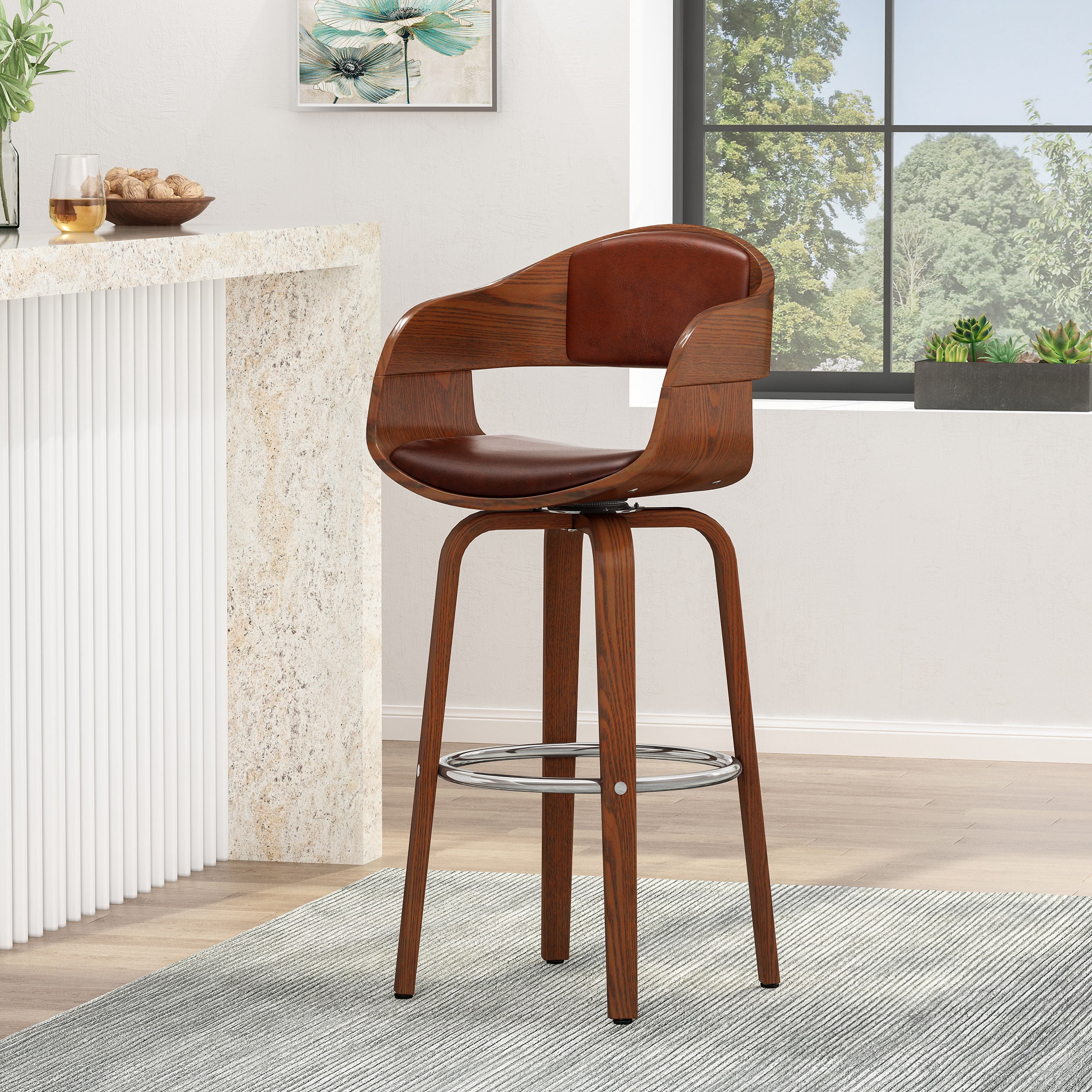 Noble House Lovejoy Upholstered Swivel Barstool, Cognac Brown and Walnut