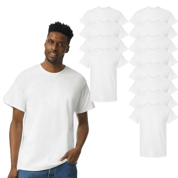 Gildan Ultra Cotton Men Short Sleeve T-Shirt, Crewneck 100 Cotton Classic Fit Bulk Tee, White, S, 12 Pack