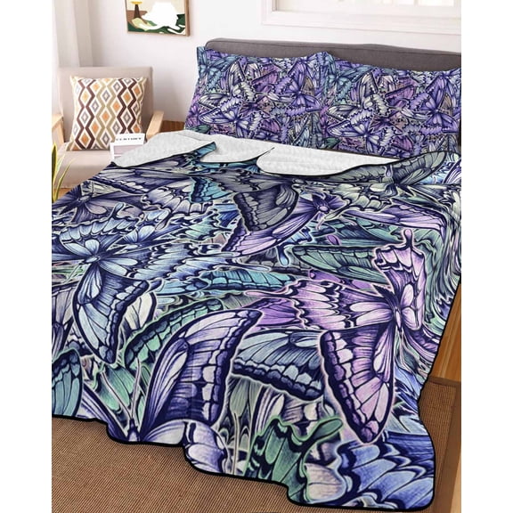 Purple Blue Teal Butterfly King Size Down Alternative Comforter, Lightweight Comforter Quilt Bedding Set with Pillow Shams Modern Abstract Art All Seasons Bed Comforter Duvet Insert 96"x106"