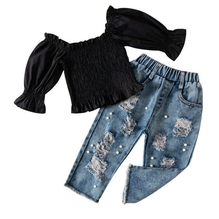 

MHZLDYZ Clearance Girls Outfits Toddler Kids Girls 1/2 Sleeve Off Shoulder T Shirt Tops Hole Denim Jeans Long Pants 2Pcs Outfits Set 1-6 Years Girls Hawaiian Outfit (Black 90)