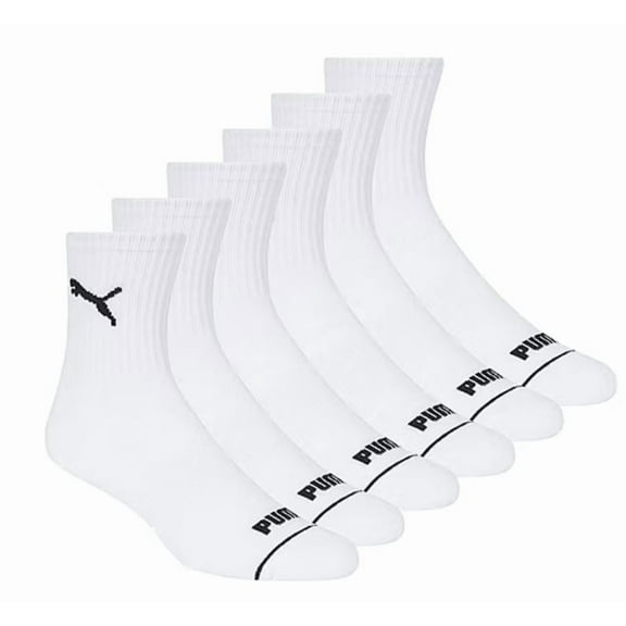 PUMA SOCKS MEN'S - HI QUARTER 243 - SOLID WHITE - LARGE (10-13)- PACK 6