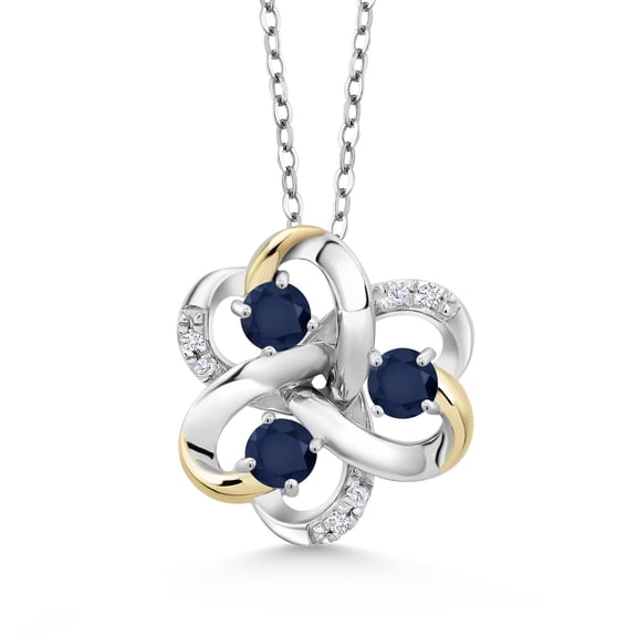 Gem Stone King 925 Silver and 10K Yellow Gold Round Blue Sapphire and White Lab Grown Diamond 3-Stone Pendant Necklace for Women (1.10 Cttw, Gemstone September Birthstone, with 18 inch Chain)