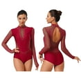 thumbnail image 5 of inlzdz  Women Rhinestones Ballet Dance Gymnastics Leotard Mesh Patchwork Figure Skating Burgundy S, 5 of 6