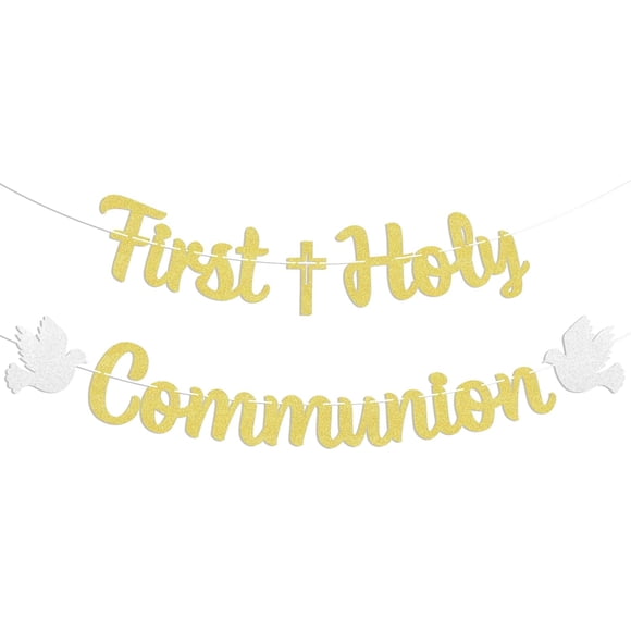 First Holy Communion Banner - Baptism Decorations for Baby, First Communion Bunting Banner, Religious Christening Party Decorations Gold Glitter