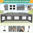 thumbnail image 3 of COBIZI 10x30 Pop Up Canopy Party Tent 10x30 Canopy Tent with 8 Sidewalls,Waterproof UPF 50+ 0utdoor Wedding Event Tents for Parties Backyard Canopy Gazebo with 8 Sidewalls,4 Sandbags,Carry Bags,Gray, 3 of 8