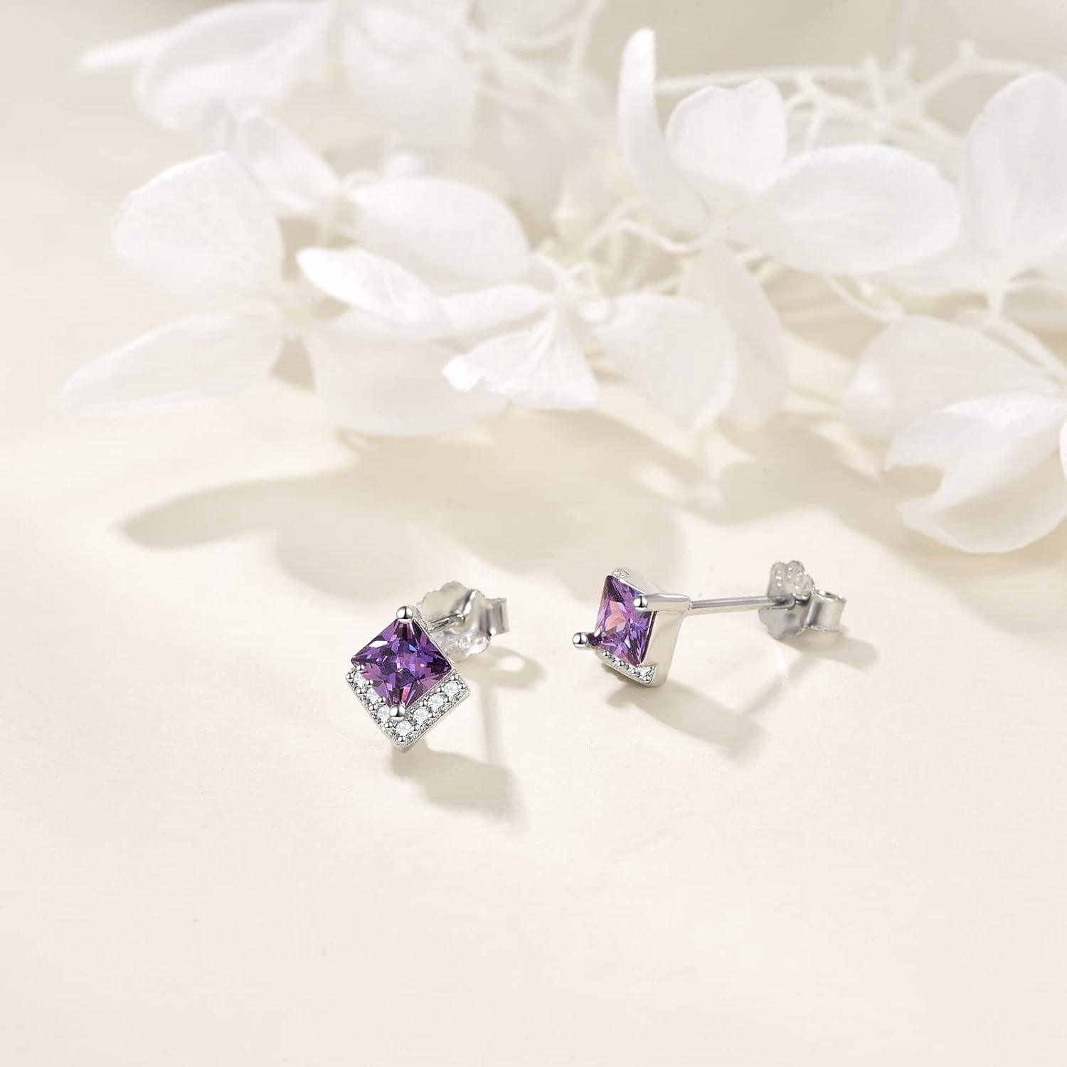 Birthstone Stud Earrings Sterling Silver Square Created Amethyst February Earrings Cubic Zirconia Piercing Jewelry Small Gifts for Women Mothers