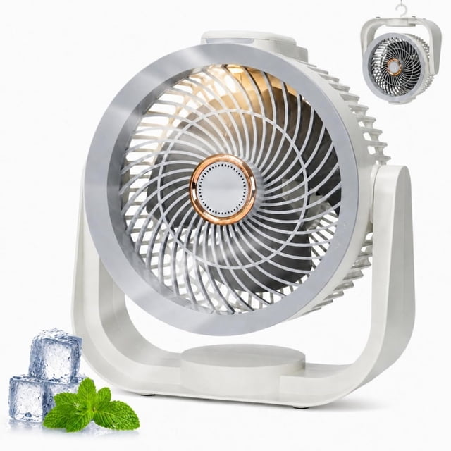 3-en-1 Ventilador de Escritorio USB Recargable Silencioso 35dB, Abanico Portátil con Luz LED y Caja de Aromas, 4 Velocidades Ventilador de Mesa para Camping, Picnic, Oficina, Dormitorio, Blanco