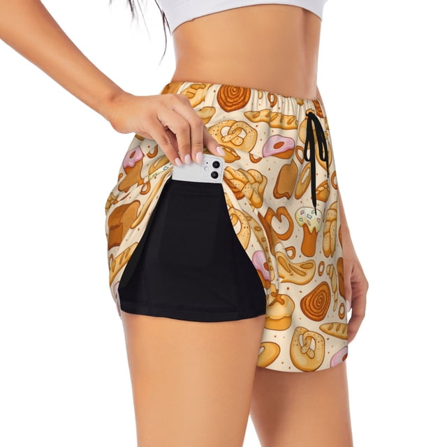 Balery Various Bread Pantalones cortos deportivos para mujer con forro y dos bolsillos, elásticos, para entrenamiento, gimnasio, yoga-Medium
