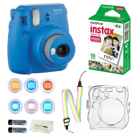 Fujifilm Instax Mini 9 Instant Camera (Cobalt Blue) + 10 Fuji Instant Film Sheets + Convenient Instax Clear Case W/ Rainbow Strap + 6-Color Lenses &