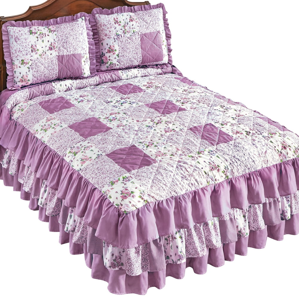 Collections Etc Hadley Triple Ruffle Floral Pattern Quilted Bedspread