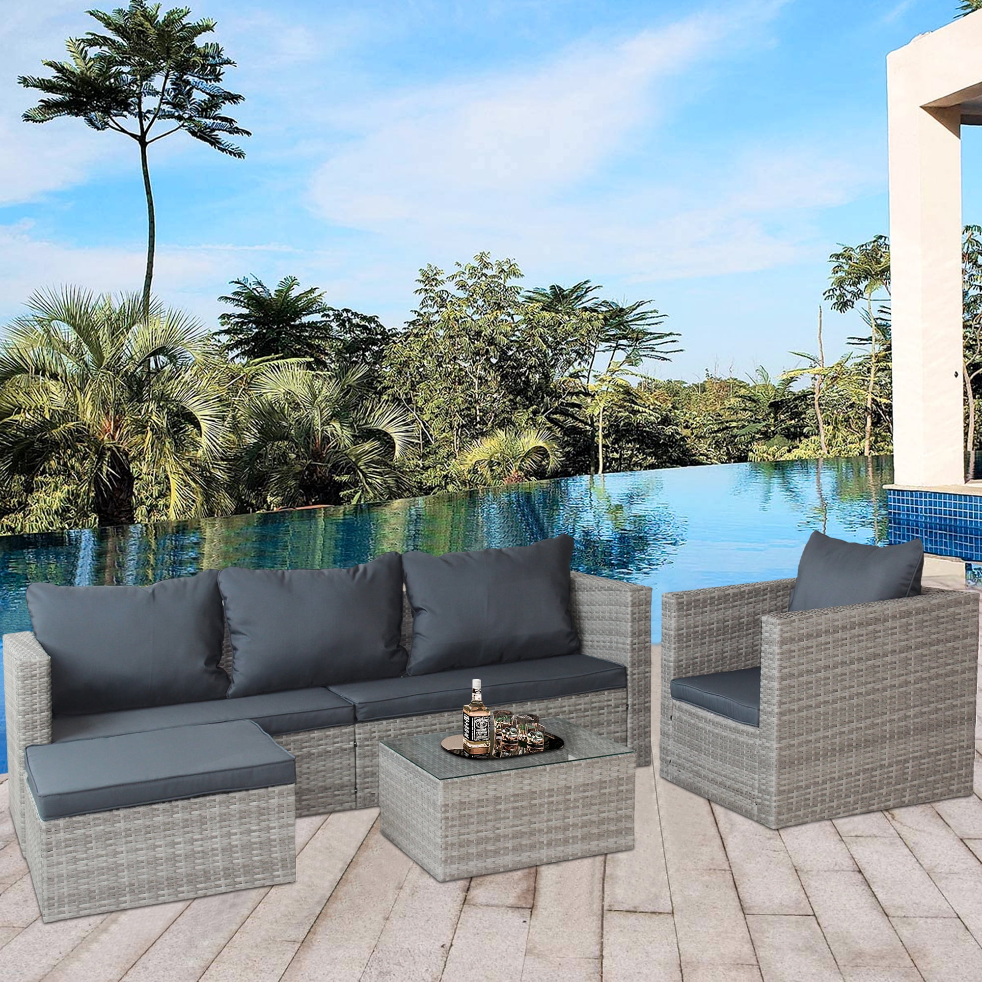 4 Pieces Patio Furniture Sectional Set, Outdoor All-Weather Wicker Conversation Set with 3-Seater Sofa & Table, Rattan Sectional Sofa Set, Backyard Porch Balcony Use Furniture Set, K2813