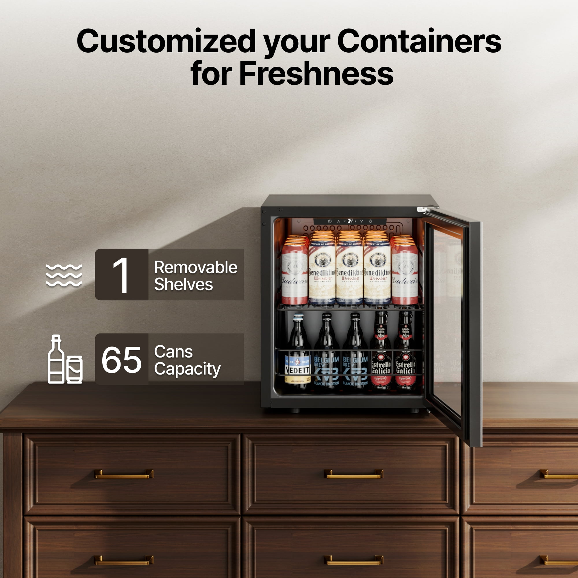 Ca'Lefort Beverage Refrigerator Cooler, 65 Can Freestanding Beverage Fridge，Mini fridge with Glass Door