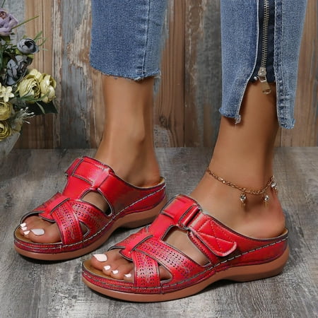 

Dpityserensio Summer Ladies Casual Wedge Heel Slippers Sandals Roman Women s Shoes Red 6(37)