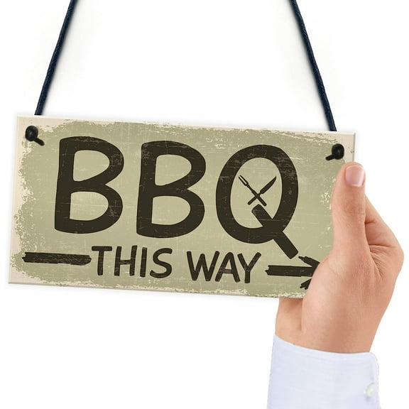 1pc Wooden Hanging Sign "BBQ This Way" - Home Garden Room Decoration Plaque for Summer - 7.9 x 3.9 inches - Wall Decor