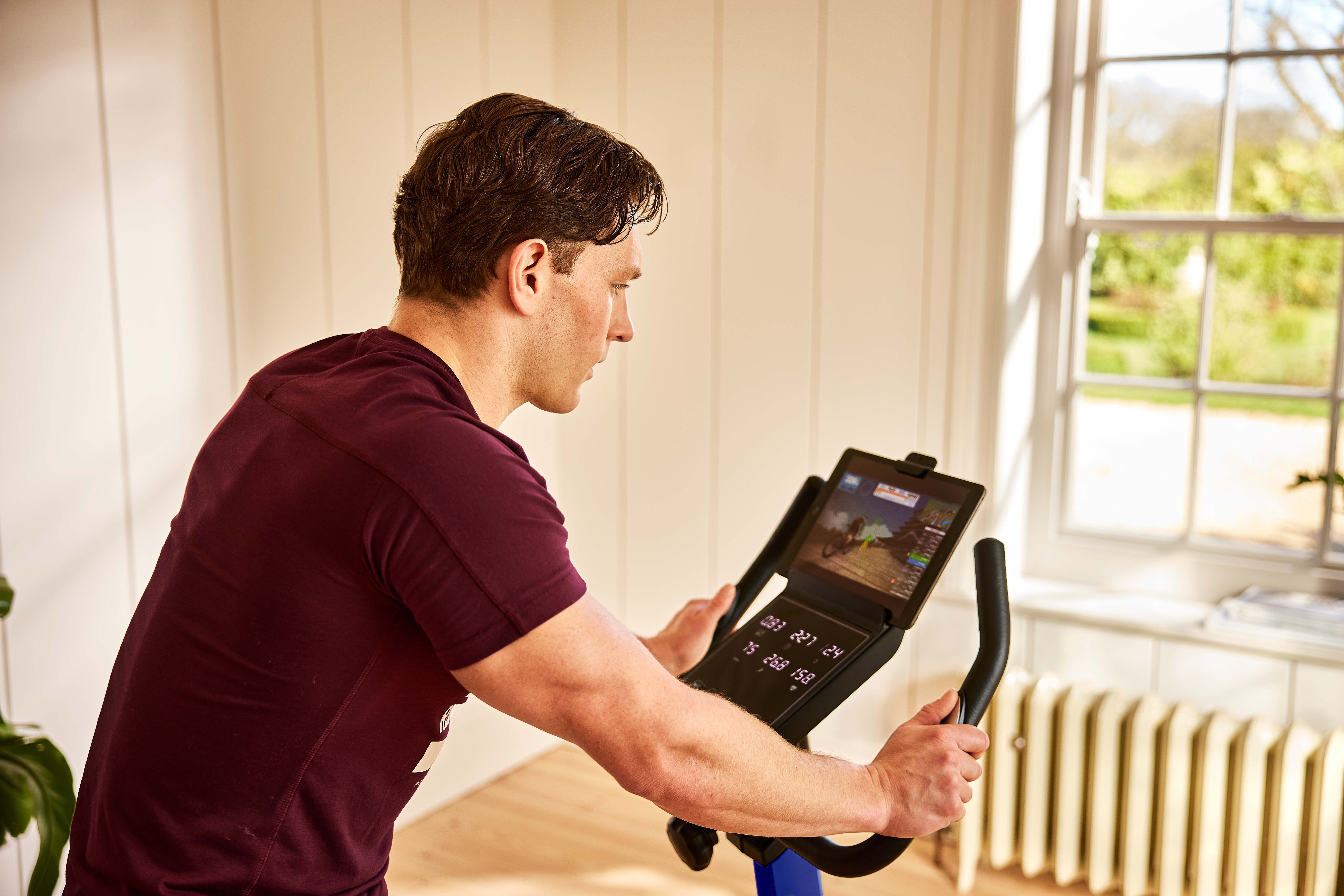 Reebok Fitness Delta FR30 Exercise Bike, Blue, Indoor Upright Stationary Cycling, Cardio Exercise, bluetooth, 32 electronic resistance levels