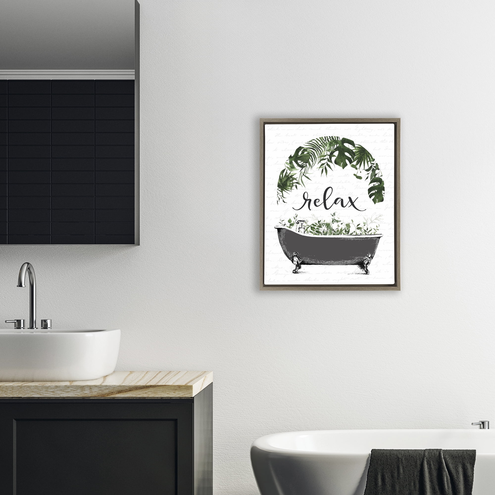 Tropical Bath Relax Brown Framed Floater Canvas Wall Art, design by Lettered and Lined