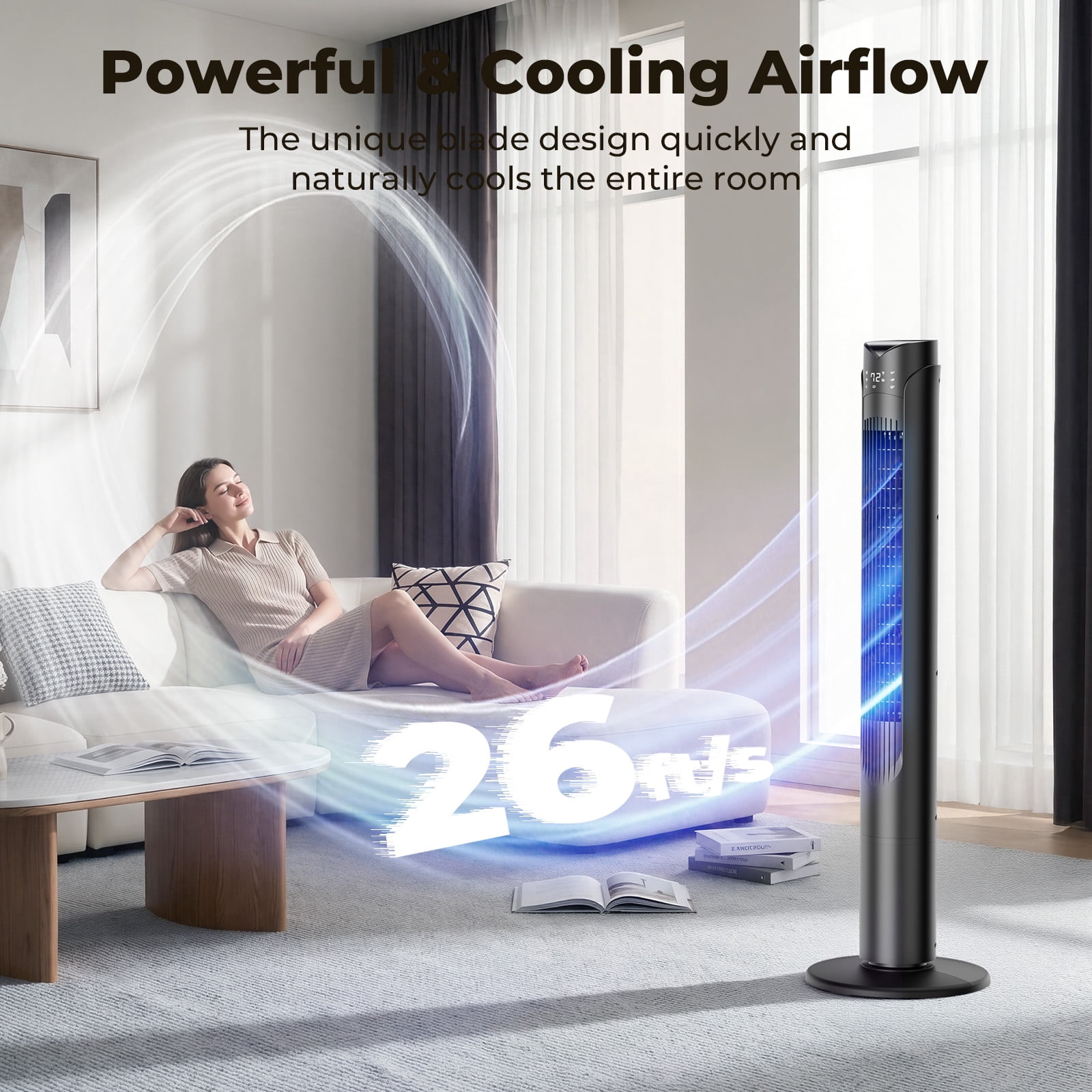 41" Tower Fan, Wide Oscillating Fans with 3 Speeds, 3 Modes, 26 ft/s High Velocity, LED Display with Remote, 12H Timer, for Home,Living Room,Office