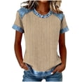 thumbnail image 2 of Xdegoge T Shirt for Women Crewneck Short Sleeve Casual Going Out Loose Fit Vertical Striped Patchwork Print Lightweight Breathable Summer Spring Tops Denim Look Splice Tees, 2 of 5
