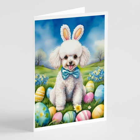 White Poodle Easter Egg Hunt Greeting Cards Pack of 8 7 in x 5 in