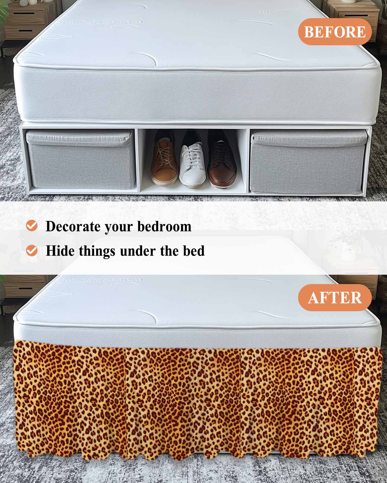 Wild Leopard Bed Skirt Animal Skin Pattern Vintage Leopard Bed Skirts Queen Size 16 Inch Drop, Wrap Around Dust Ruffle&nbsp;Bedskirt with Adjustable Elastic Belt for Queen Size Beds
