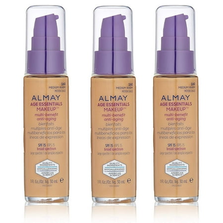 Almay Age Essentials Makeup Multi Benefit Anti Aging, Medium Warm #160 (Pack of 3) + Yes to Coconuts Moisturizing Single Use