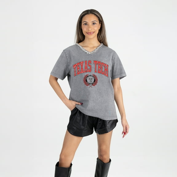 Women's Gameday Couture Gray Texas Tech Red Raiders Iconic Edge Rhinestone V-Neck T-Shirt