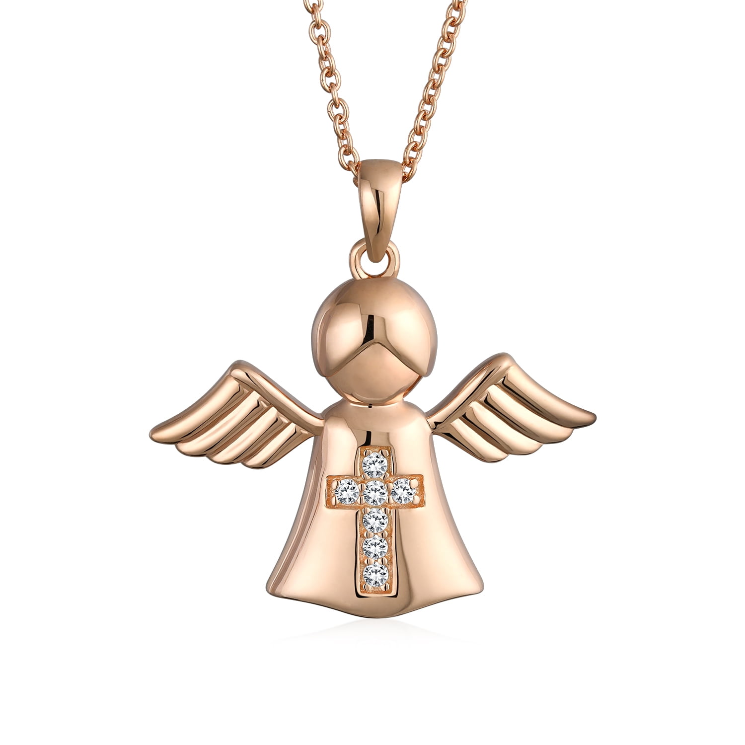 925 Sterling Silver Guardian Angel Heart Necklace CZ Pendant Rose Gold Plated for Women 18 chain