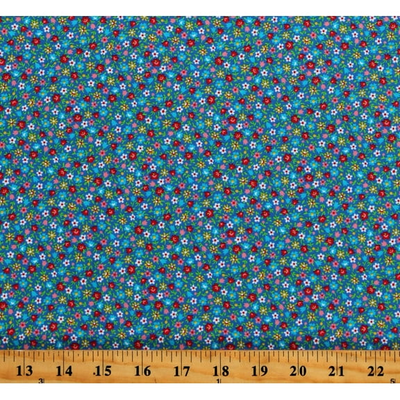 Cotton Flowers Tiny Small Scale Multi-Color Floral on Blue Calico-Look Floral Cache Cotton Fabric Print by the Yard (1649-28885-Y)