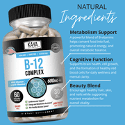 Kaya Naturals B-12 Complex Supplement for Energy & Metabolism Support, Non-GMO, 60 Capsules