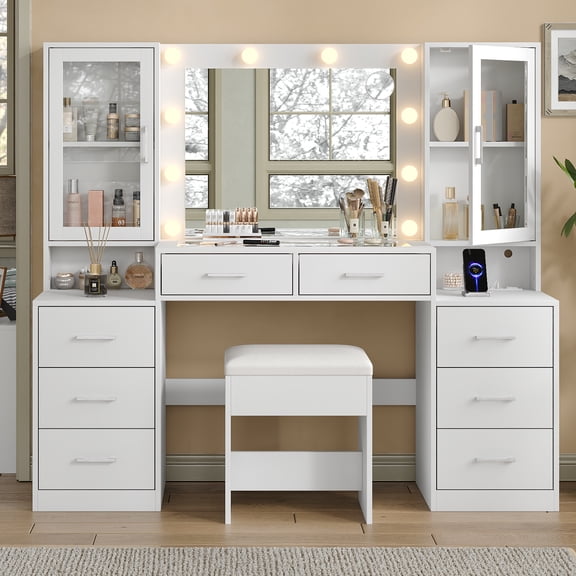 59'' W Large Makeup Vanity Desk with Mirror and Lights, White Vanity with Power Outlet, 8 Drawers & 2 Cabinets, 3 Lighting Modes Brightness Adjustable, Glass Top Vanity with Chair for Bedroom