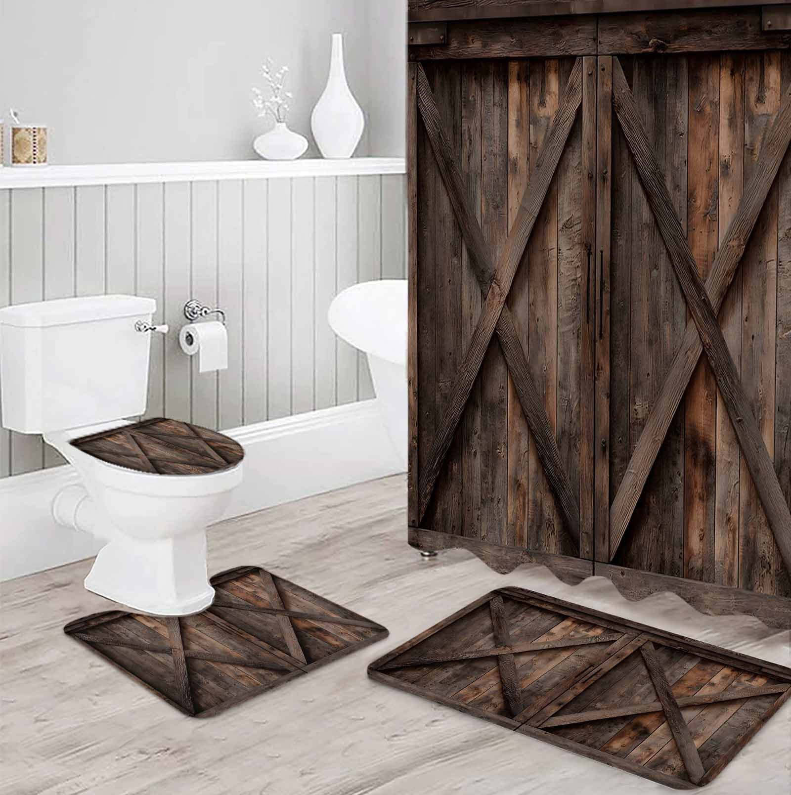 Farmhouse 4PCS Shower Curtains Set with Toilet Lid Cover Non-Slip Rugs, Brown Country Style Barn Door Distressed Wood Grain Waterproof Shower Curtain Set for Bathroom with 9 Hooks 36x72 In