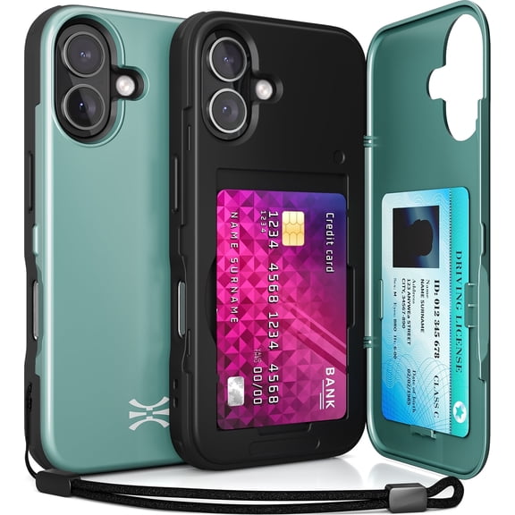 TORU CX SLIM for iPhone 17 Case | Slim Wallet Case with Hidden 2-Card Holder & Card Slot | Shockproof Heavy Duty Cover with Flip Kickstand | Mirror & Strap Included - Green