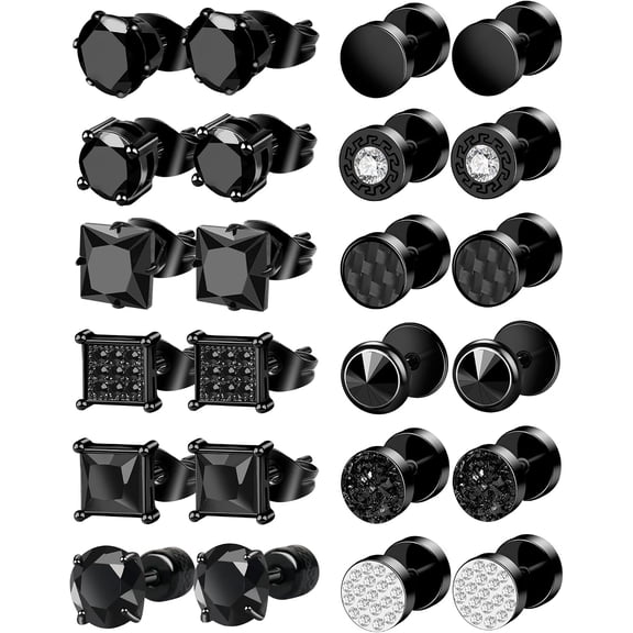Konexial 12 Pairs Black Earrings for Men Stainless Steel Mens Earrings Stud Hypoallergenic Square Cubic Zirconia Stud Earrings Set for Multiple Piercing