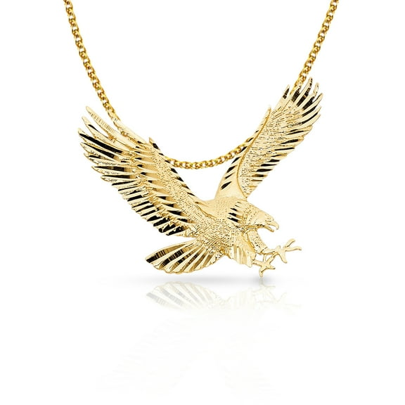 14K Yellow Gold Eagle Charm Pendant with 1.7mm Flat Open Wheat Chain Necklace
