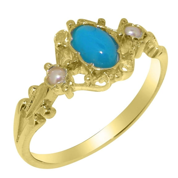 LBG British Made 9k Yellow Gold Natural Turquoise & Cultured Pearl Womens Anniversary Ring - 33 size options - Size 10