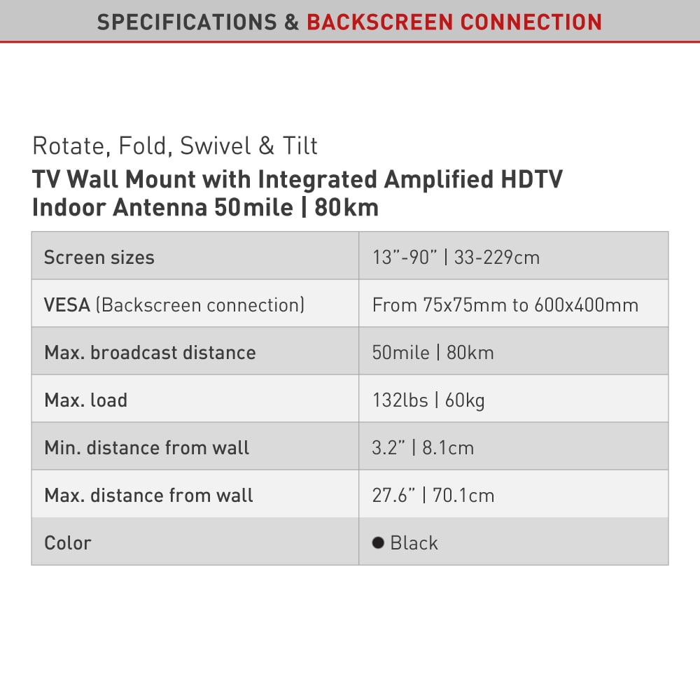 Barkan 13-90 inch TV Wall Mount with Integrated Amplified HDTV Indoor Antenna, Premium Dual Arm Full Motion Articulating, For all wall types, Flat/Curved Screen Bracket, Holds upto 132lbs,Extra Stable