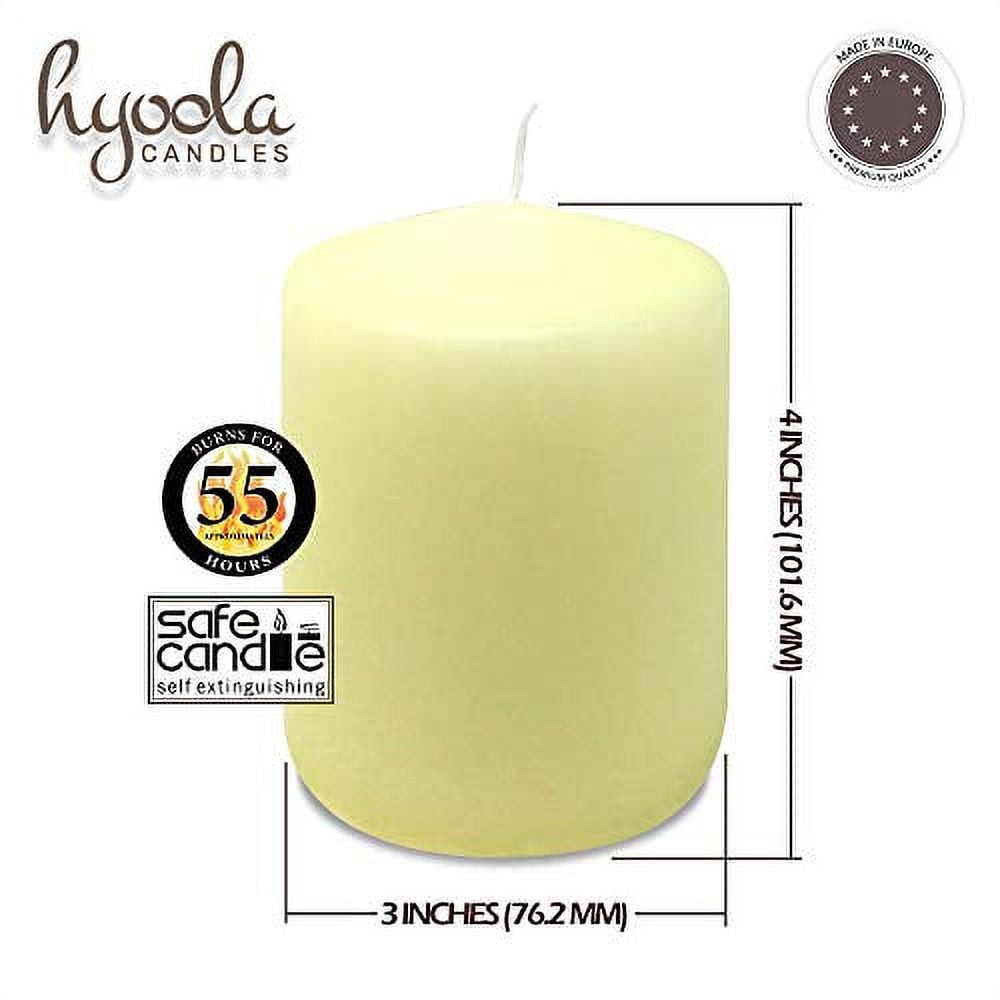 Hyoola 3 x 4 Ivory Unscented European Made Pillar Candles, Dripless Paraffin Wax with Smokeless Cotton Wicks, 6-Pack