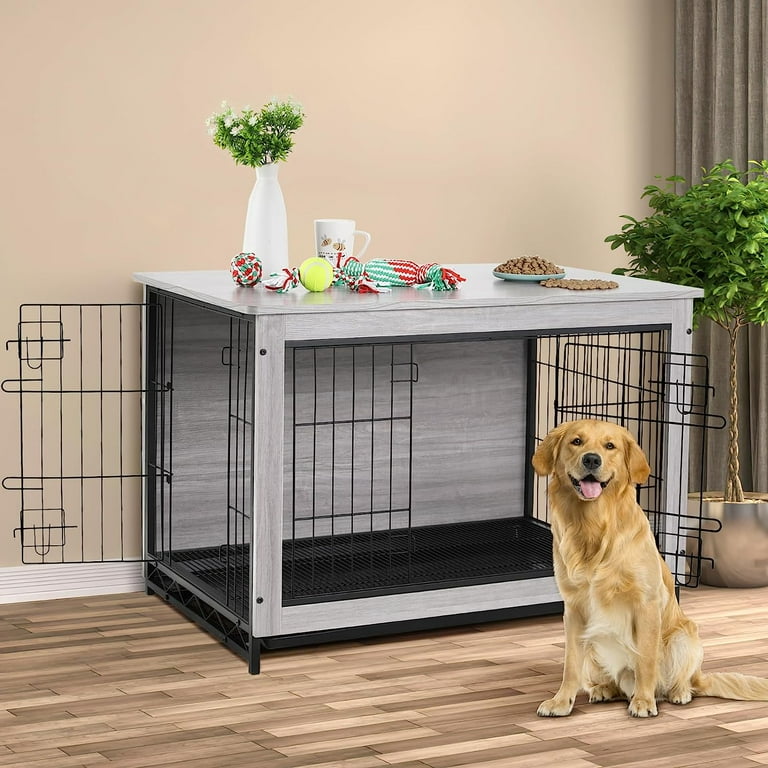 Arlopu Wooden Dog Crate Furniture End Table with Doors Pet Crate Dog Kennel Indoor with Removable Tray