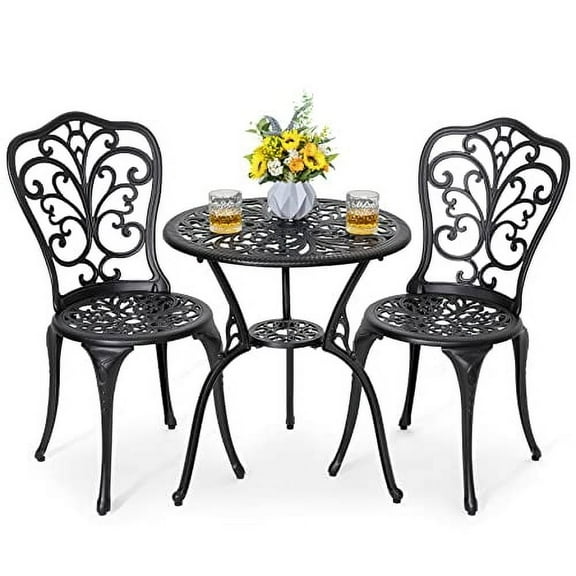 NUU GARDEN 3 Piece Bistro Set Outdoor, All Weather Cast Aluminum Patio Bistro Sets Patio Table and Chairs Set of 2 with Umbrella Hole for Yard, Balcony, Black, Butterfly Backrest