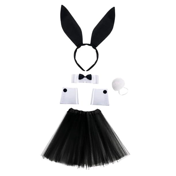 Conjunto de disfraz de conejito, diadema con orejas de conejo y cola para Halloween. Negro
