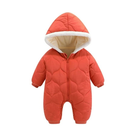 

QUYUON Infant Baby Down Romper Thicken Warm Fleece Lined Hooded Jumpsuits Zipper Front Long Sleeve Quilted Lightweight Puffer Jackets Coat One-Piece Rompers Snap Closure Red 18 Months
