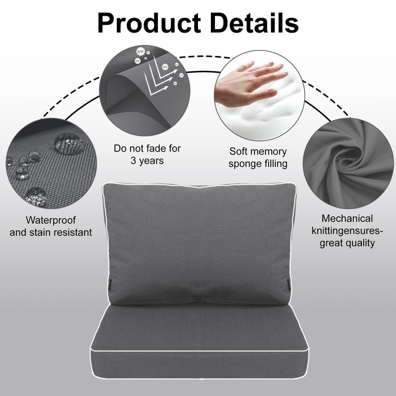 Outdoor deep seat chair cushions, 24inx20in, patio furniture cushions Replacement, Waterproof patio cushions for outdoor furniture（2pc Dark gray）