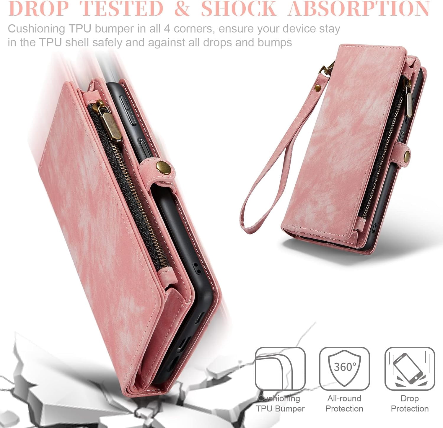 Phone Case for Samsung Galaxy A14 5G Zipper Wallet Detachable Cover with Tempered Glass Screen Protector and Leather Flip Credit Cash Card Holder Cell Accessories A 14 4G 14A G5 Women Men Pink